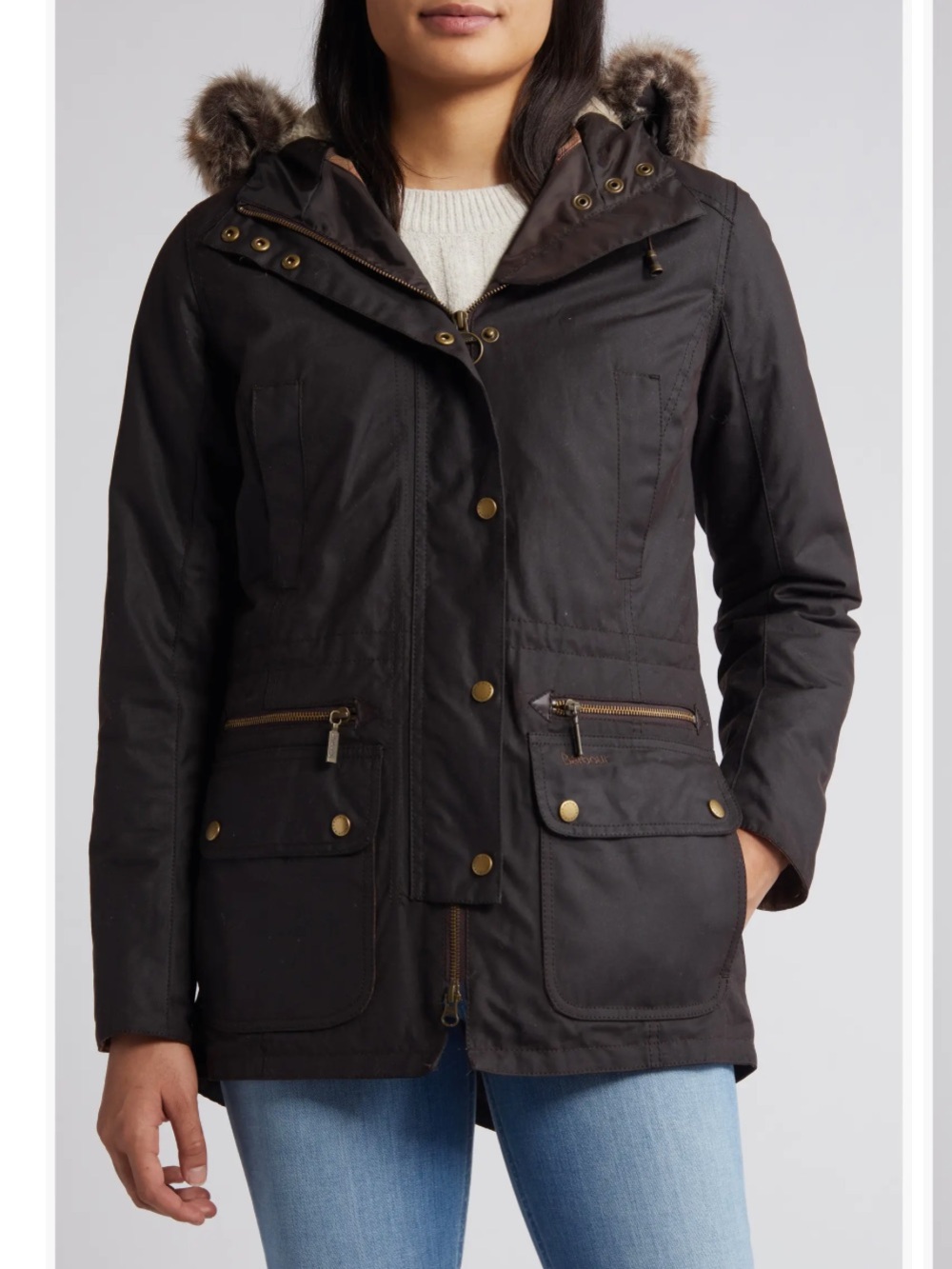 Black Barbour Kelsall Wax Jacket with Faux Fur Hood